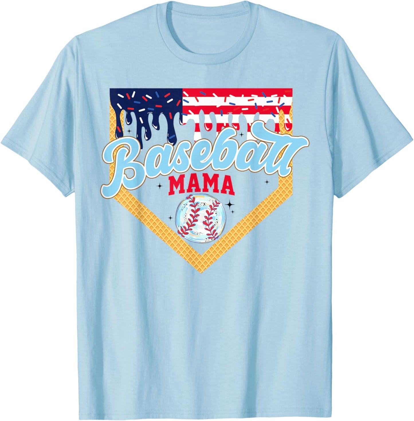 Mama Baseball Ice Cream Drip Mom American Flag 4th Of July T-Shirt - T-Shirt | Light Blue