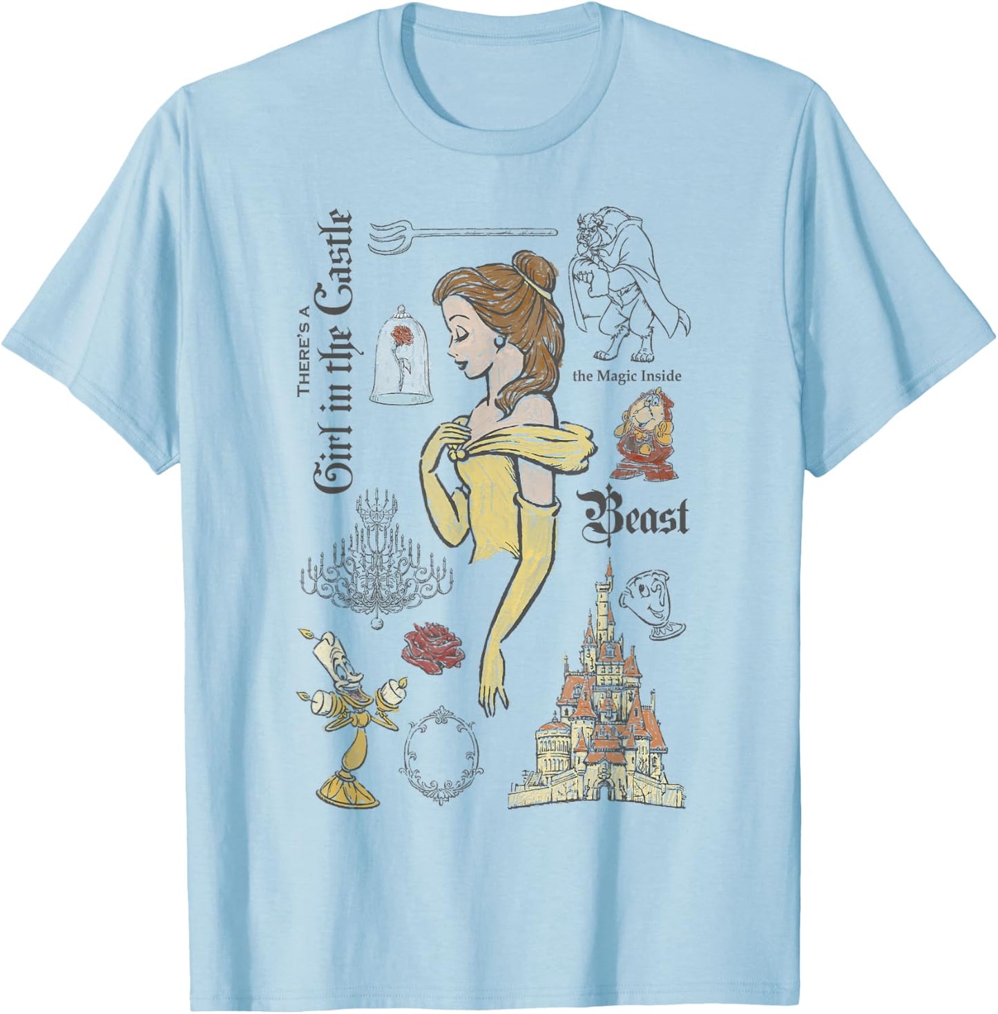 Disney Beauty and The Beast Characters Sketched T-Shirt - T-Shirt | Light Blue