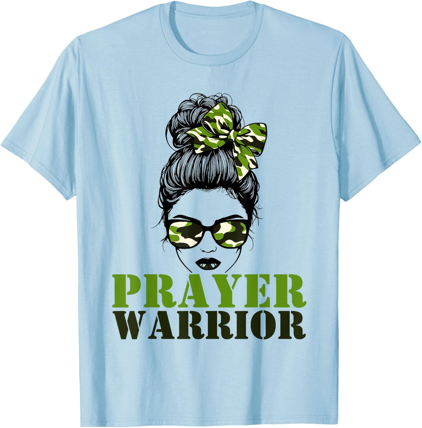 Prayer Warrior Camo Messy Bun Pray Camouflage Girl Woman T-Shirt - T-Shirt | Light Blue