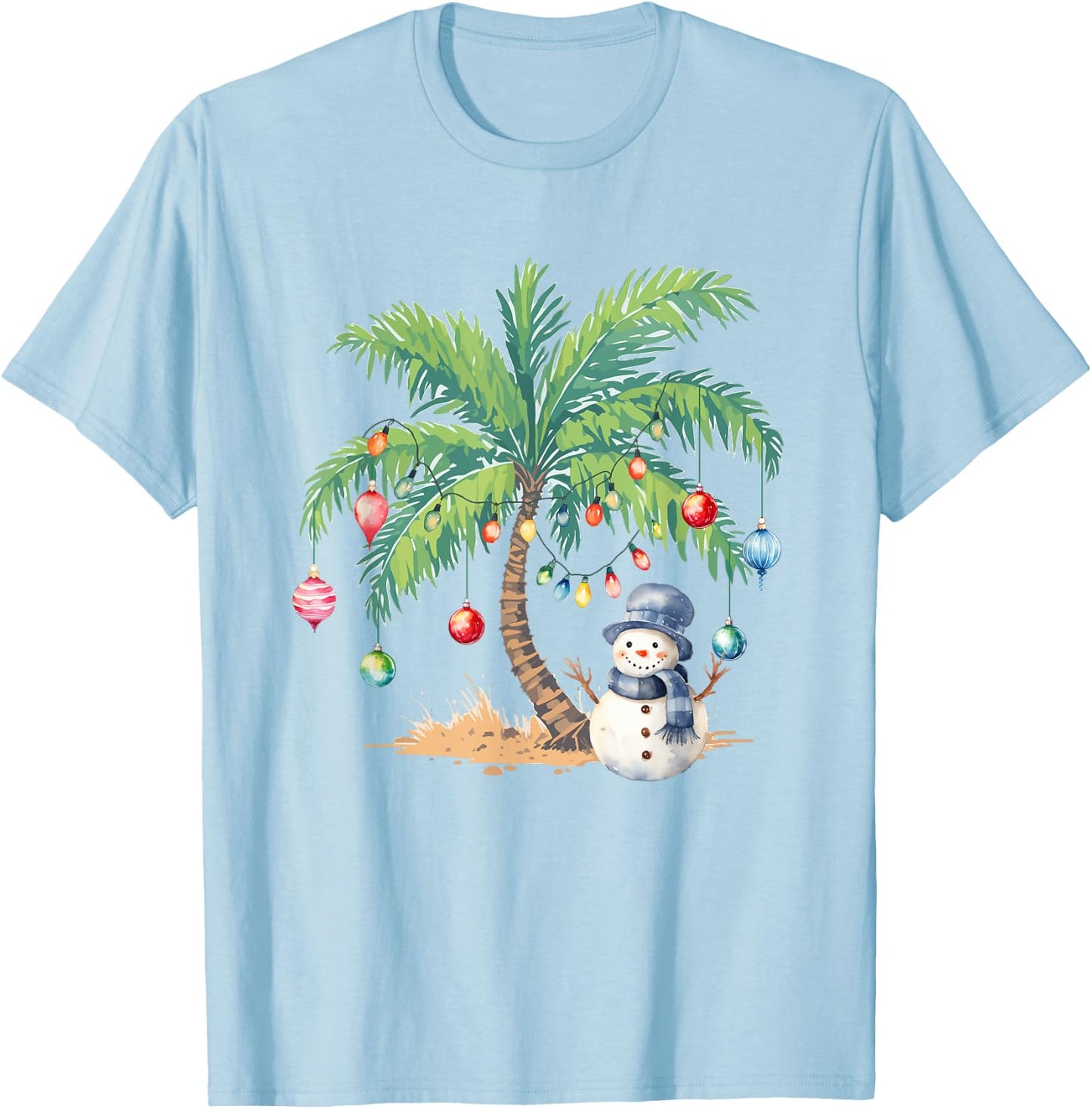 Vintage Palm Tree Snowman Tropical Christmas Deck The Palms T-Shirt - T-Shirt | Light Blue