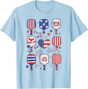 Cute USA Pickleball Patriotic Pickleball Paddles 4th of July T-Shirt - T-Shirt | Light Blue