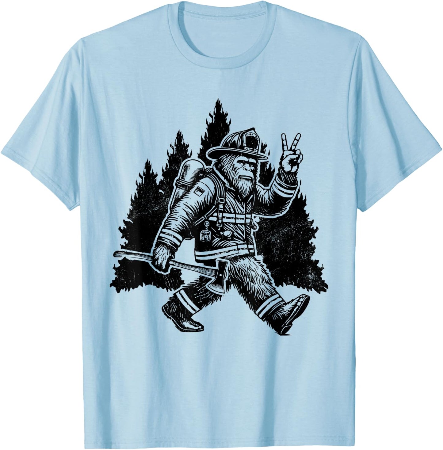 Men's Retro Bigfoot Firefighter Sasquatch Fireman , Grey, Small, Short Sleeve, Classic Fit, Polyester 100% T-Shirt - T-Shirt | Light Blue