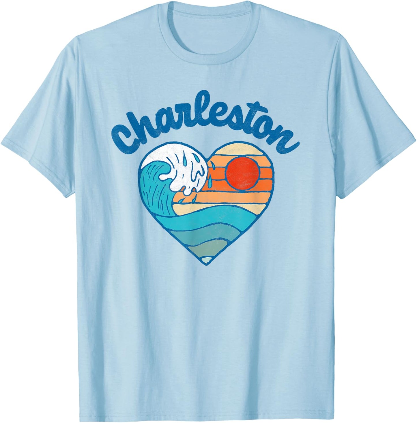 Charleston SC Beach Lover Retro Heart Surf & Wave Graphic Women Kids T-Shirt - T-Shirt | Light Blue