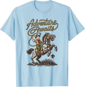 Adventure Awaits! Vintage Scouting America Western Cowboy T-Shirt - T-Shirt | Light Blue