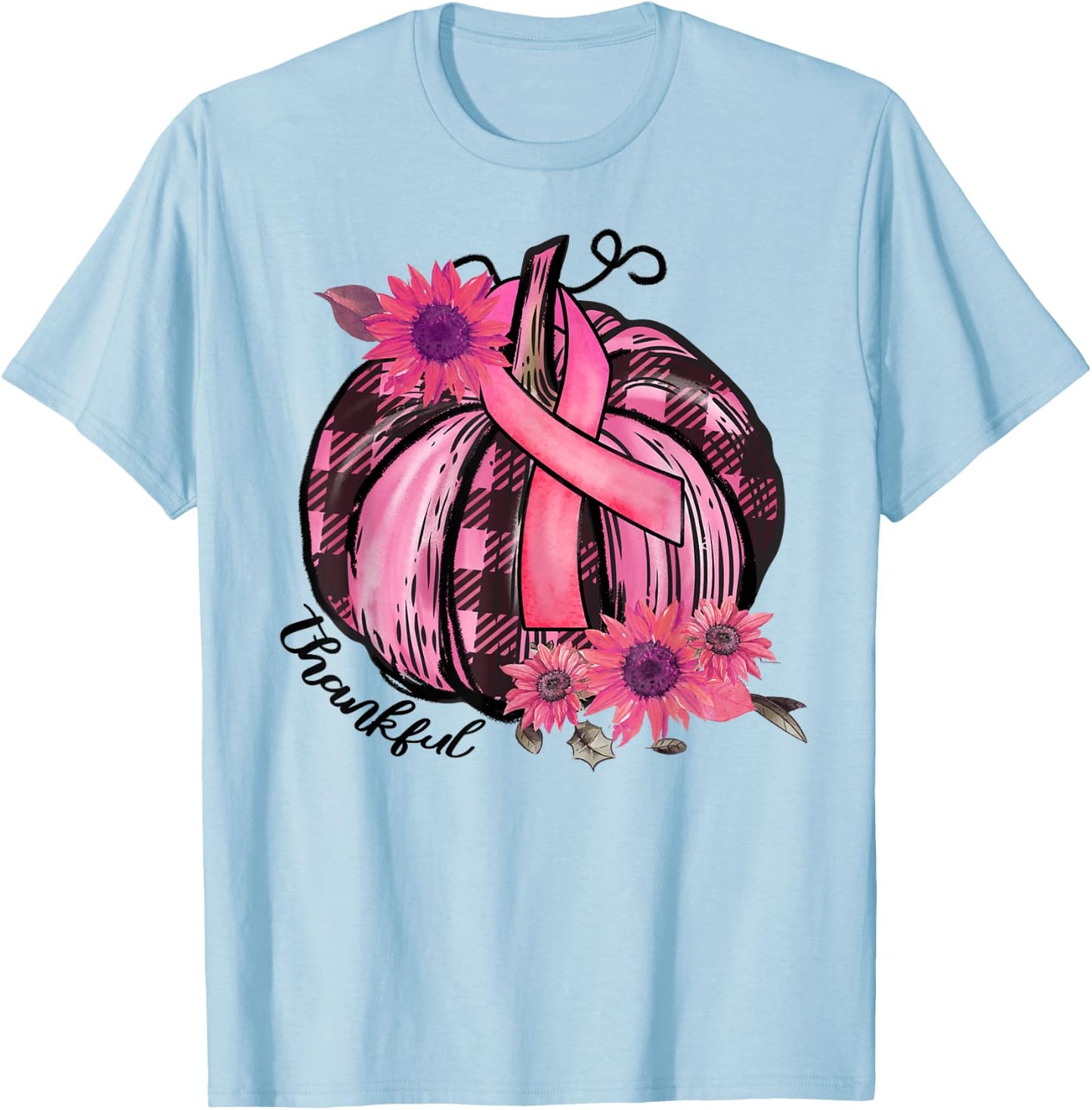 Thankful Pink Pumpkin Sunflower Breast Cancer Awareness Gift T-Shirt - T-Shirt | Light Blue