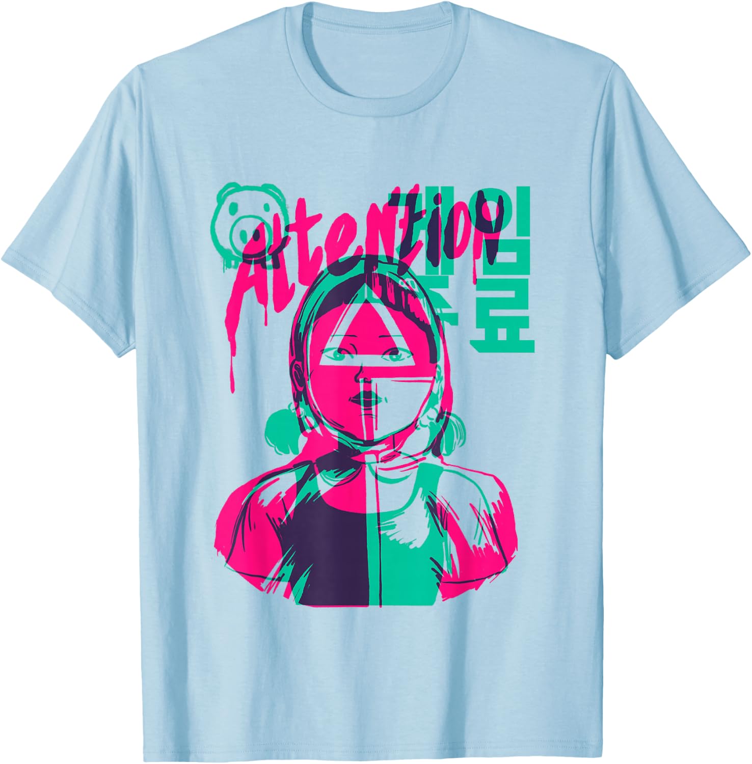Squid Game 2 Attention Dripping Paint Neon Doll Portrait T-Shirt - T-Shirt | Light Blue