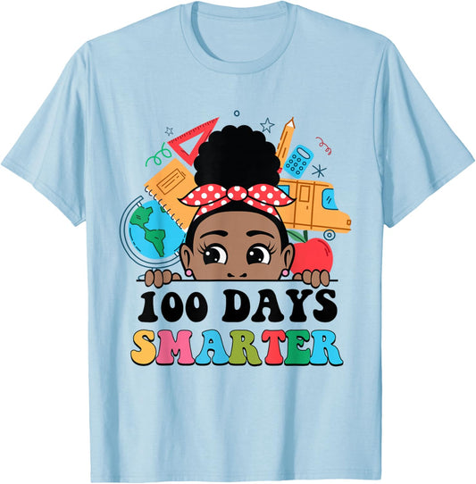 100 Days Smarter Afro Black Girl Melanin 100th Day Of School T-Shirt - T-Shirt | Light Blue