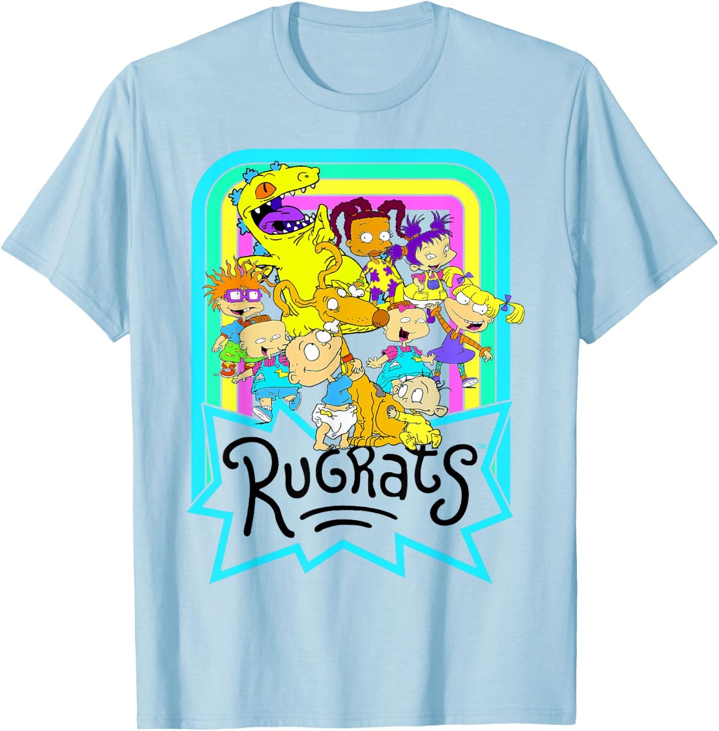 Nickelodeon Rugrats Neon Rainbow Reptar and Friends Small T-Shirt - T-Shirt | Light Blue