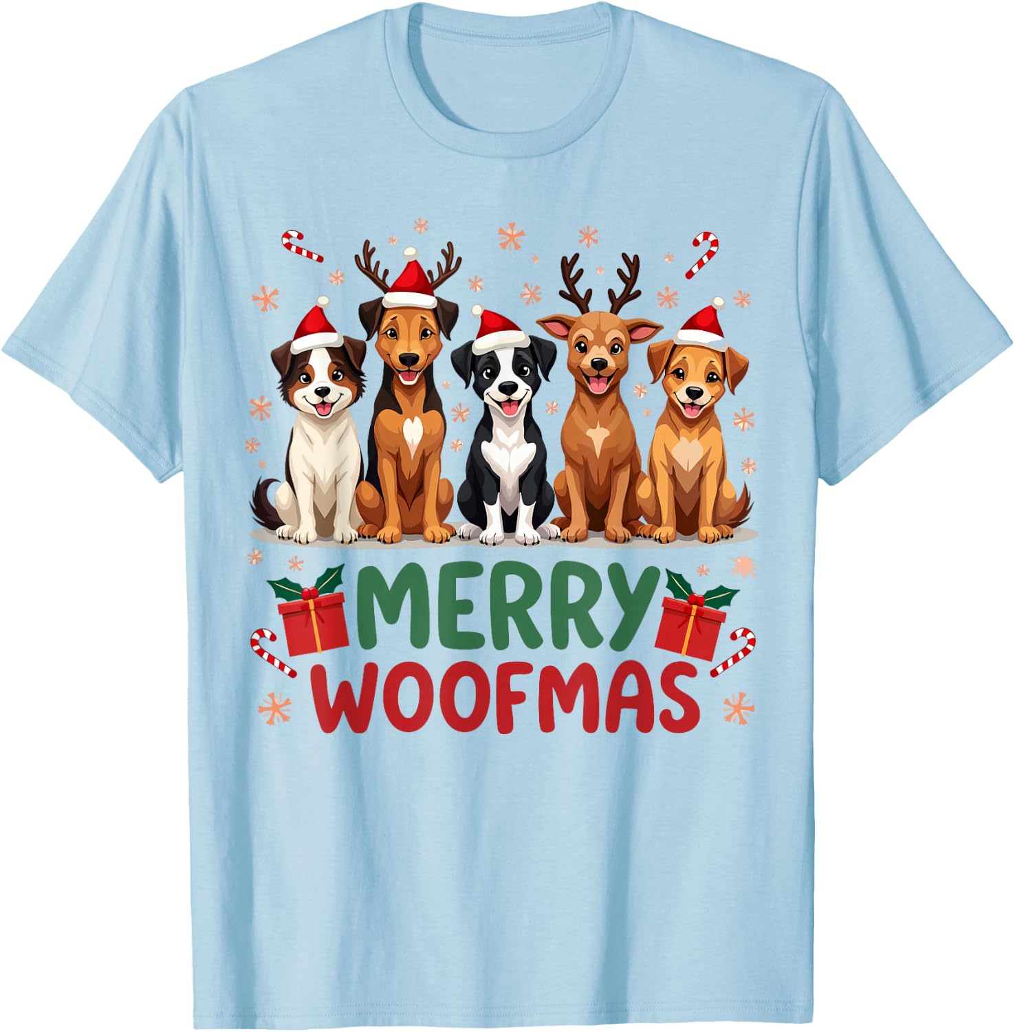 Merry Woofmas Cute Christmas Dog Mom Funny Holiday T-Shirt - T-Shirt | Light Blue
