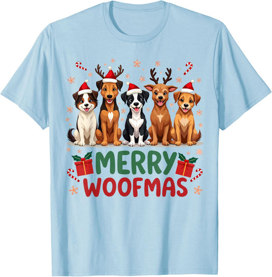 Merry Woofmas Cute Christmas Dog Mom Funny Holiday T-Shirt - T-Shirt | Light Blue