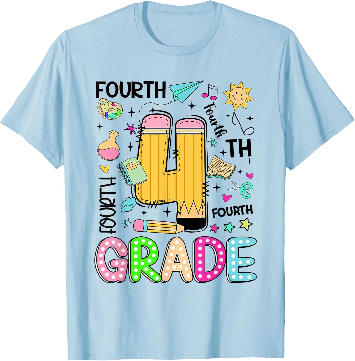Preppy Fourth Grade Back to School Pencil Student Teacher T-Shirt - T-Shirt | Light Blue