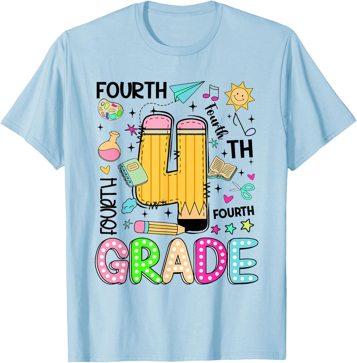 Preppy Fourth Grade Back to School Pencil Student Teacher T-Shirt - T-Shirt | Light Blue