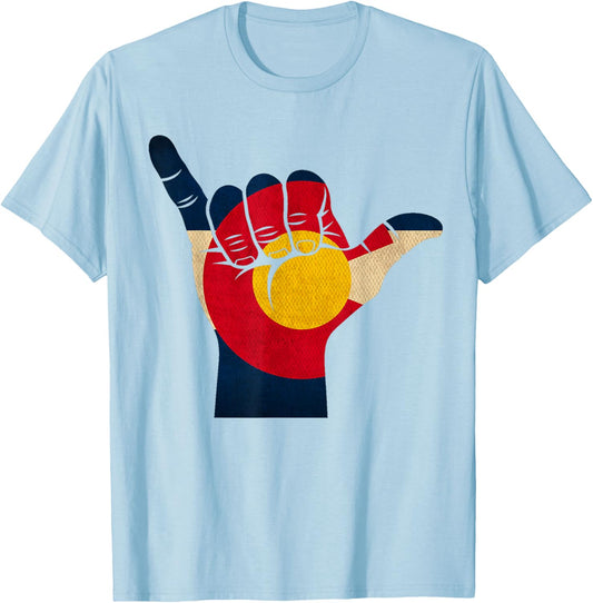 Colorado Rocky Mountain Shirt | Shaka Sign Flag of Colorado T-Shirt - T-Shirt | Light Blue