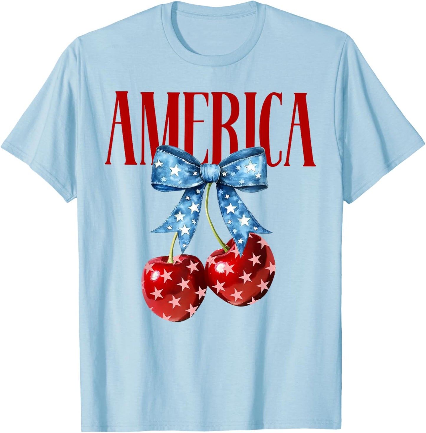 Groovy America Coquette Bow Cherry 4th Of July America Flag T-Shirt - T-Shirt | Light Blue