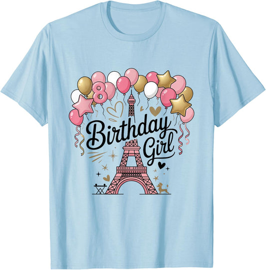 Paris Birthday Girl Eiffel Tower Party Kids 8 Year Old T-Shirt - T-Shirt | Light Blue