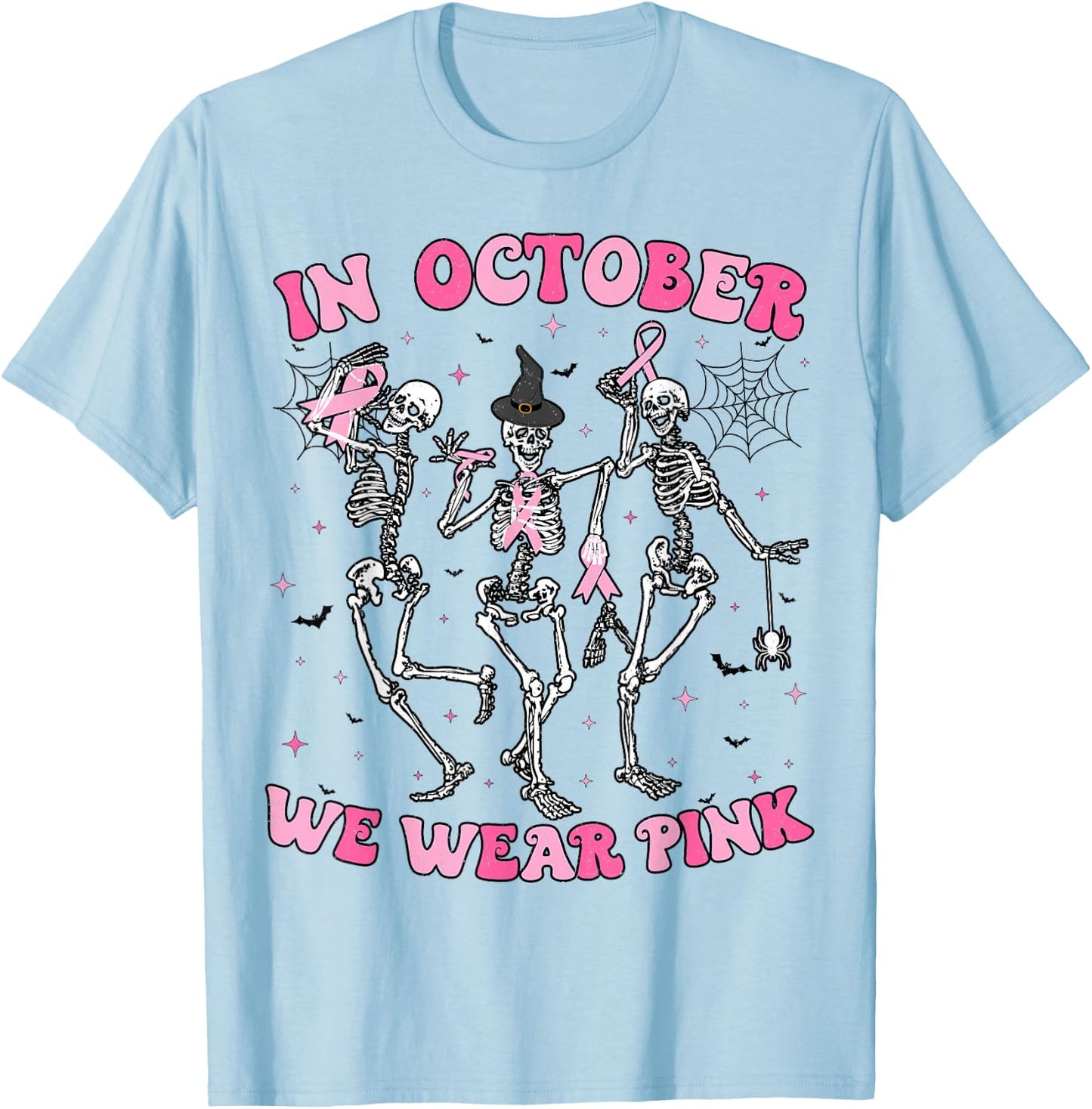 In October We Wear Pink Halloween Breast Cancer Skeleton T-Shirt - T-Shirt | Light Blue