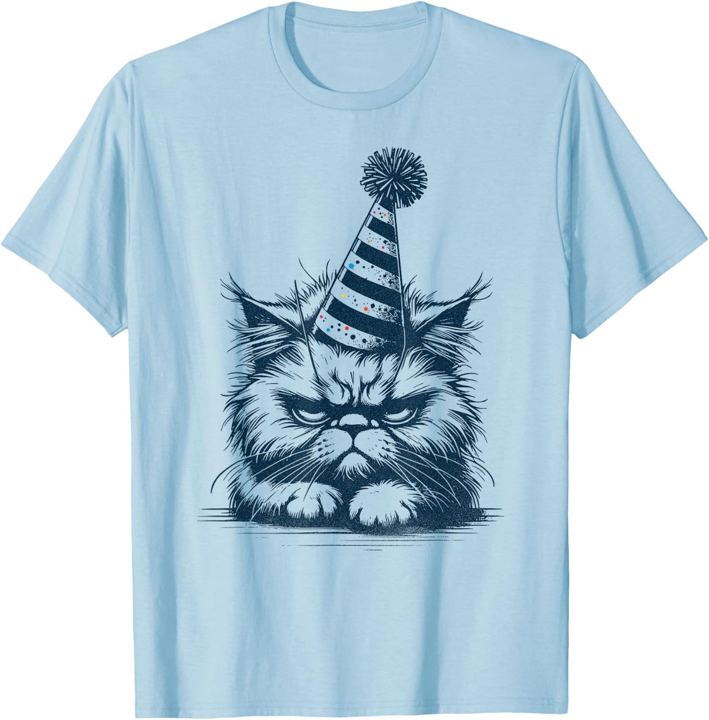 Funny Moody Tired Cat with Party Hat - Party Pooper Kitten T-Shirt - T-Shirt | Light Blue