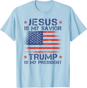 Jesus Is My Savior Trump Is My President Retro Us Flag T-Shirt - T-Shirt | Light Blue