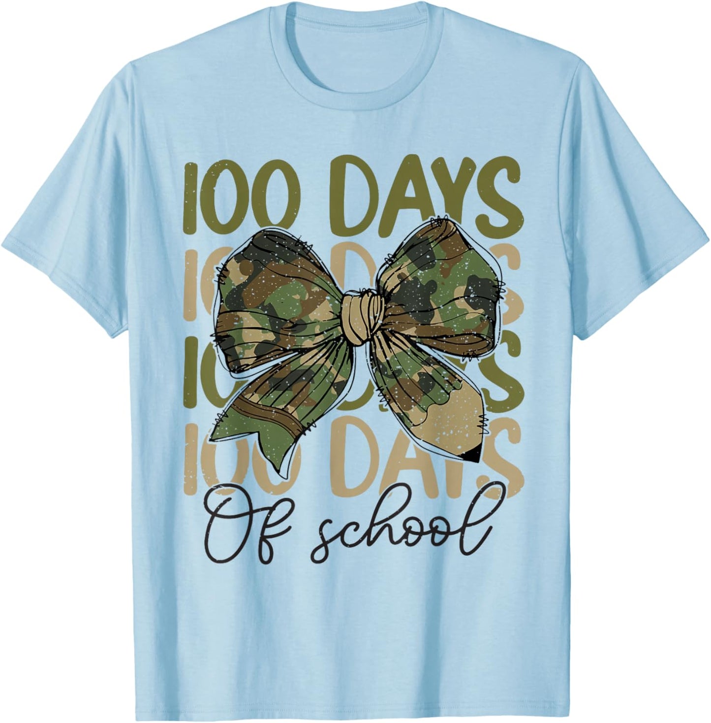 100 Days Of School Camo Coquette Bow Pencil Teacher Student T-Shirt - T-Shirt | Light Blue