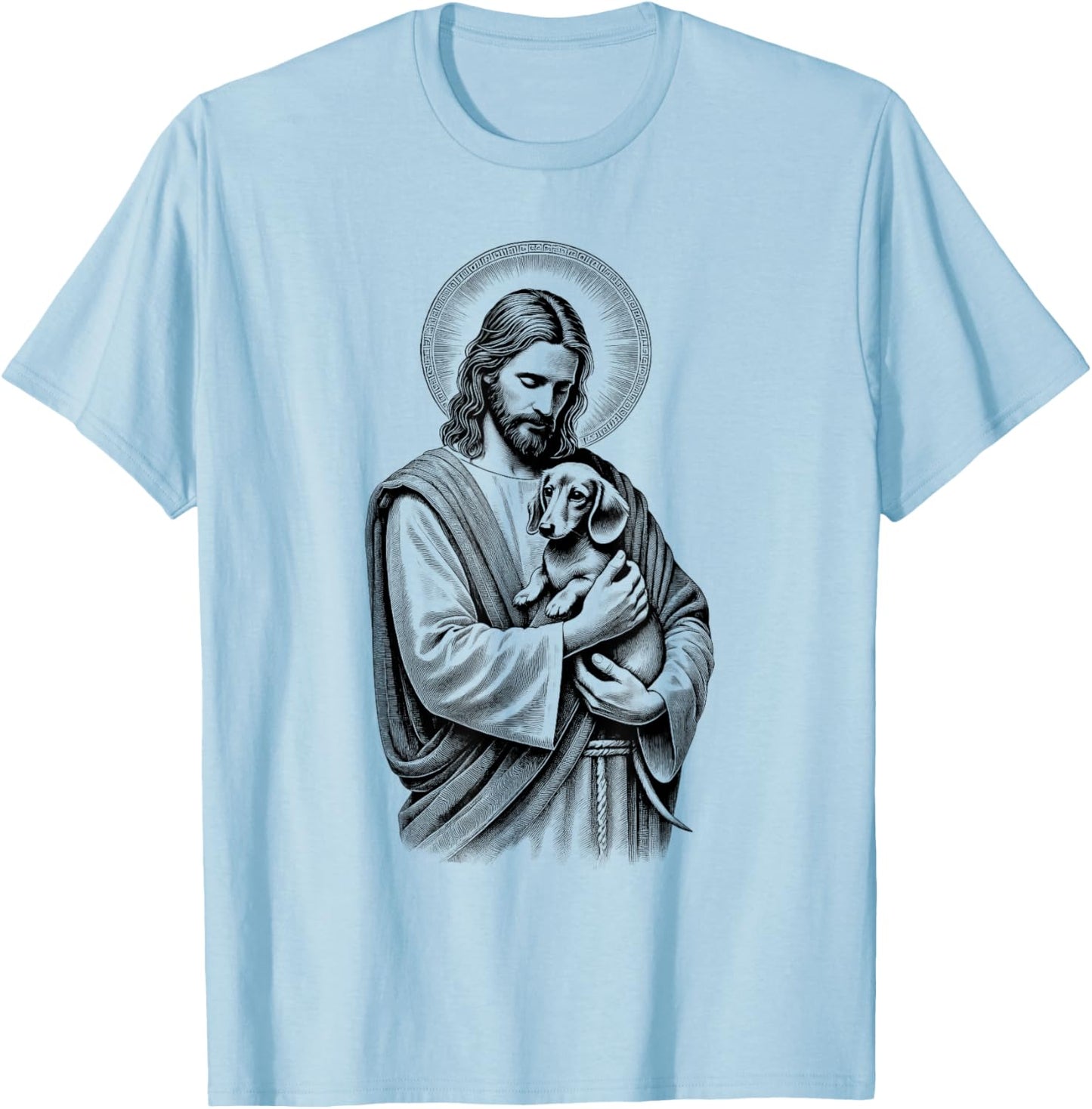 Vintage Jesus Hugging Dachshund Christian Faith Dog Lover T-Shirt - T-Shirt | Light Blue
