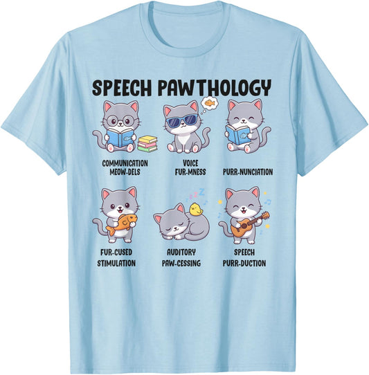 Funny Speech Pawthology Cat SLP Speech PAWTHOLOGY T-Shirt - T-Shirt | Light Blue