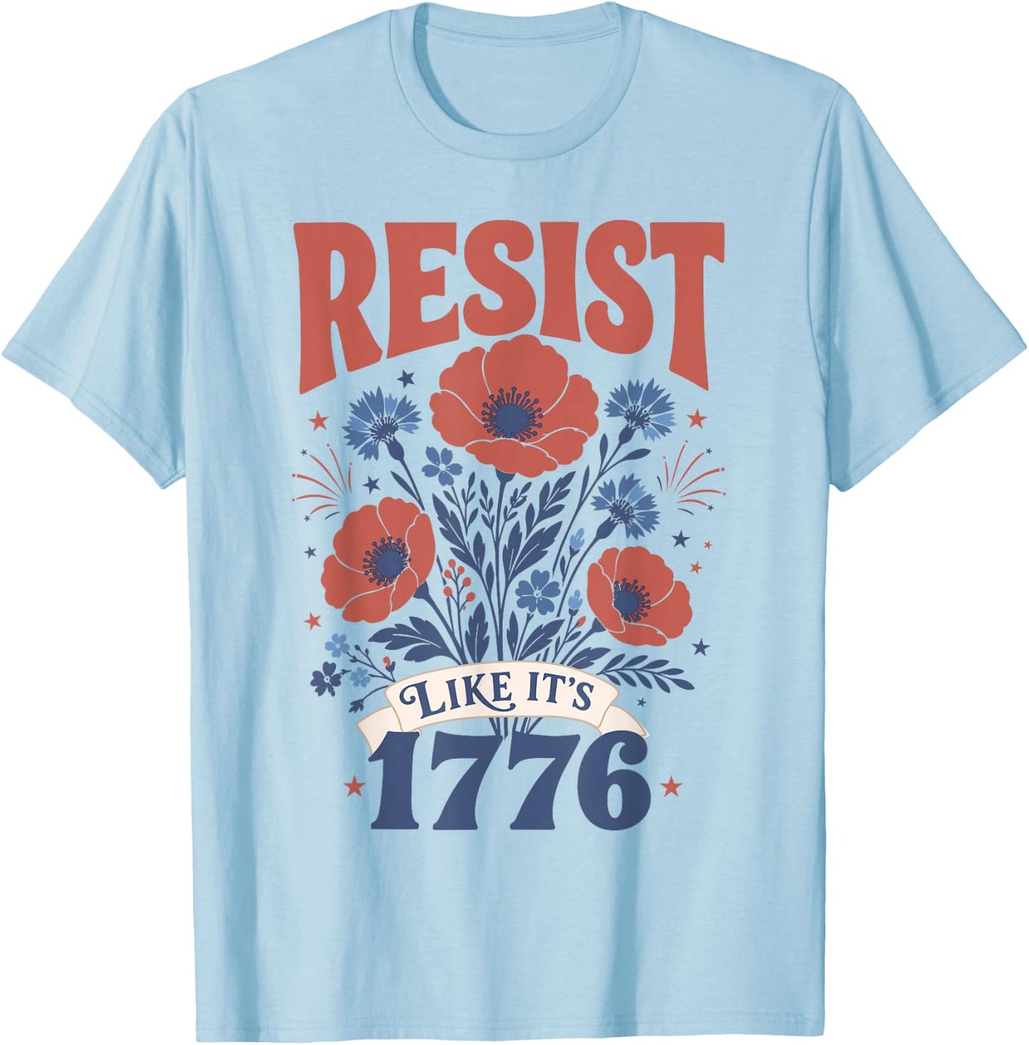 Retro Boho Floral Subtle Resist Like It's 1776 250 Years T-Shirt - T-Shirt | Light Blue