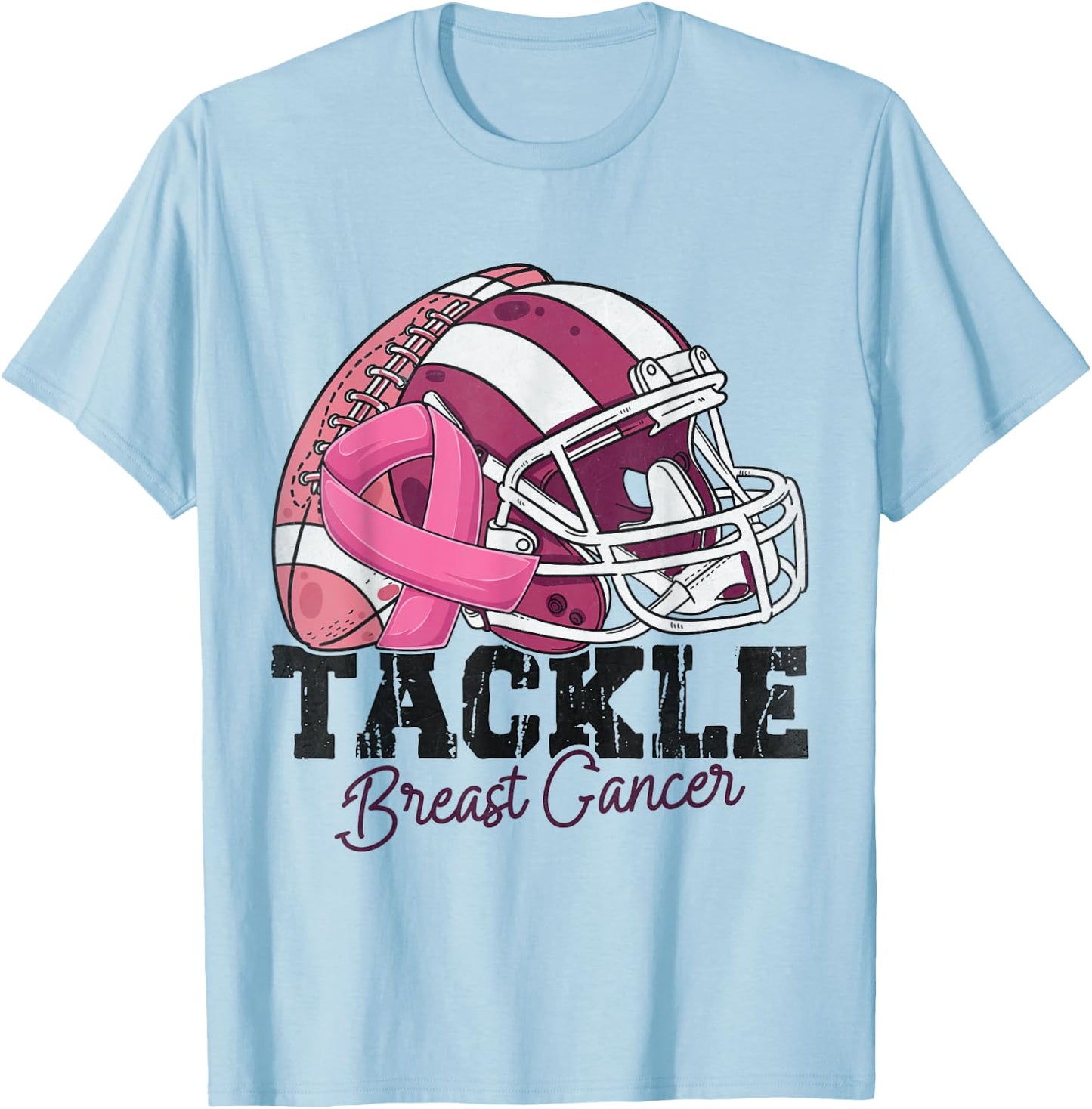Tackle Football Pink Ribbon Breast Cancer Awareness Women T-Shirt - T-Shirt | Light Blue