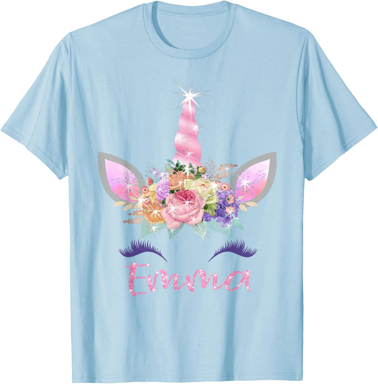 Emma: Unicorn Shirts for Girls with Name T-Shirt - T-Shirt | Light Blue