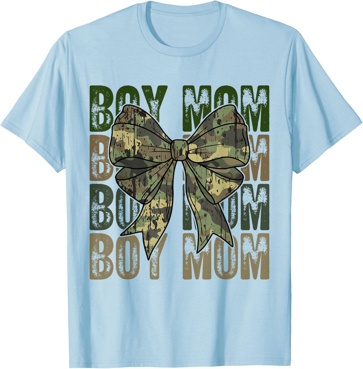 Boy Mom Camo Coquette Bow Camouflage Mama Mom Hunting Season T-Shirt - T-Shirt | Light Blue