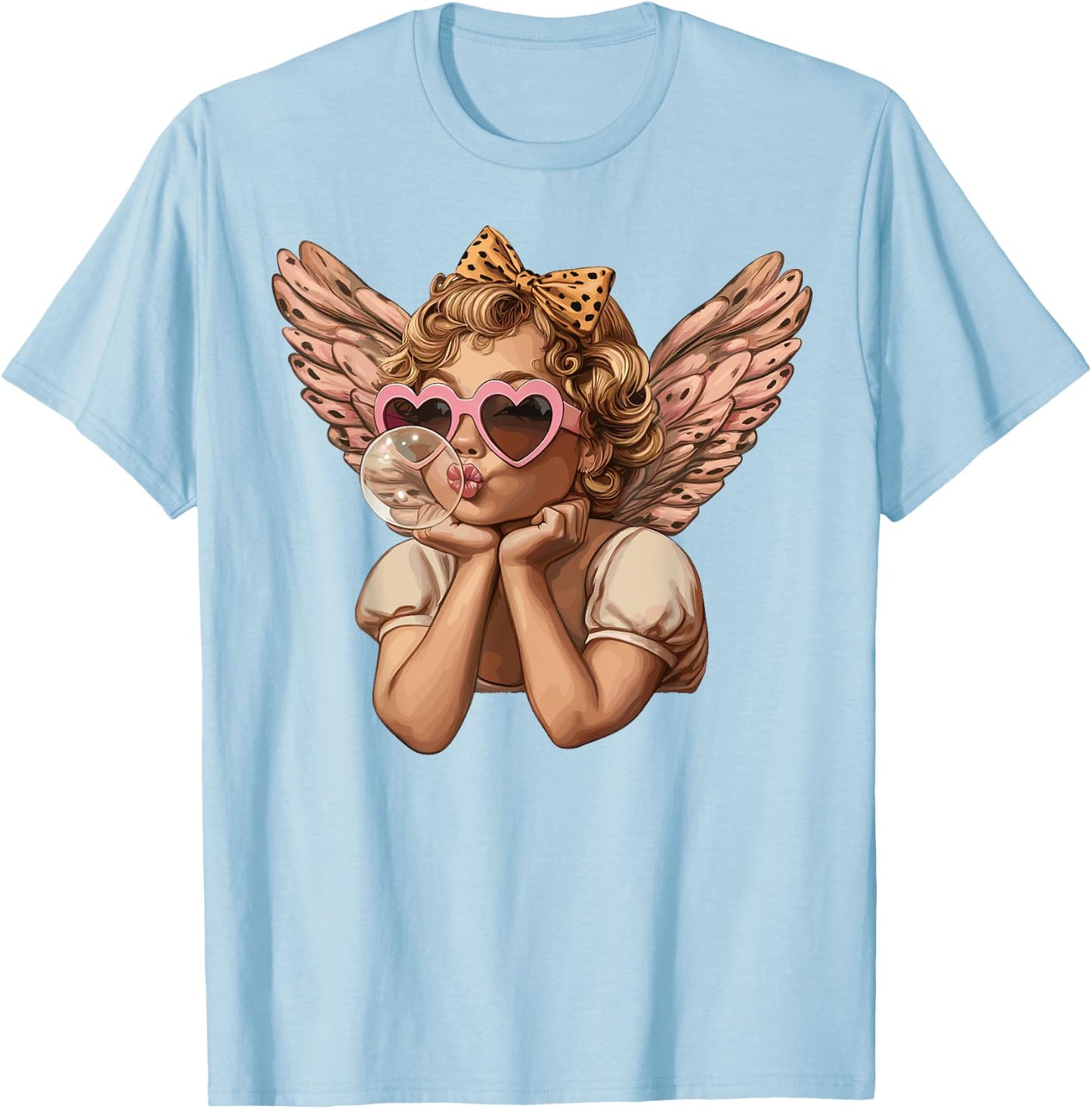 Cupid Blowing Bubble Heart Sunglasses Leopard Valentines Day T-Shirt - T-Shirt | Light Blue