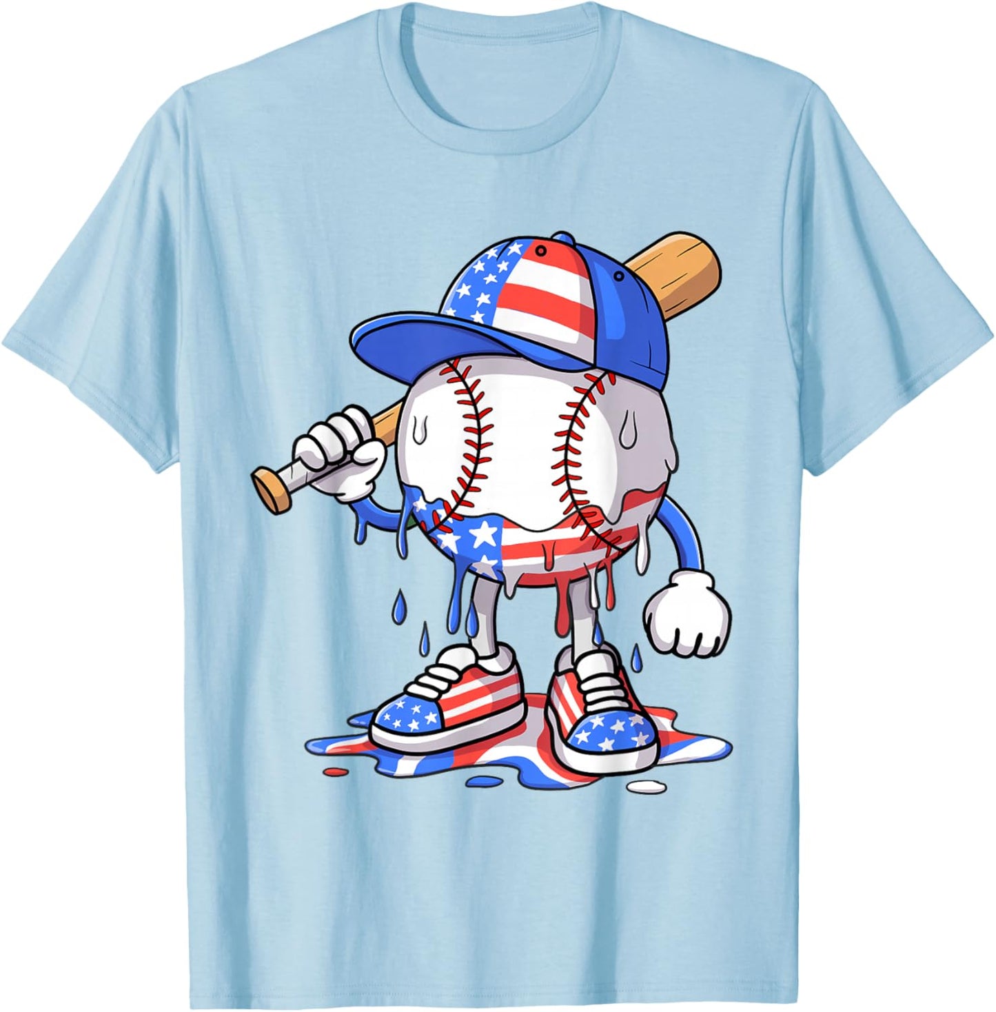 Boys 4th of July USA American Flag Baseball Ice Cream Drip T-Shirt - T-Shirt | Light Blue