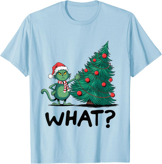 Cat What Funny Green Cat Pushing Christmas Tree Ugly Xmas Women Kids T-Shirt - T-Shirt | Light Blue
