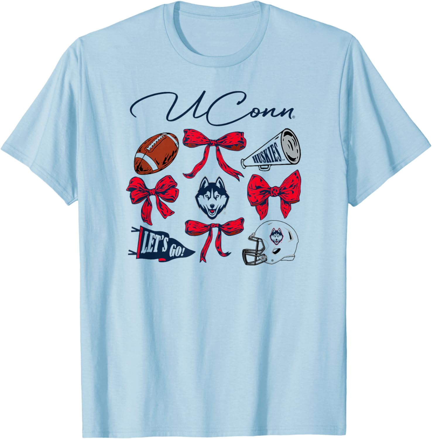 Connecticut Huskies Football Bows White Officially Licensed T-Shirt - T-Shirt | Light Blue
