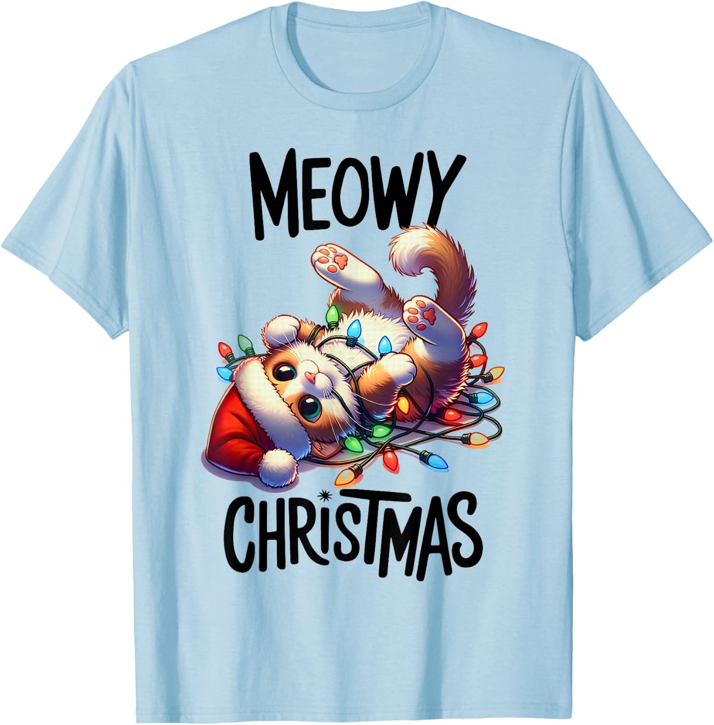 Meowy Christmas Cat Lover Funny Festive Holidays Cute Kitten T-Shirt - T-Shirt | Light Blue