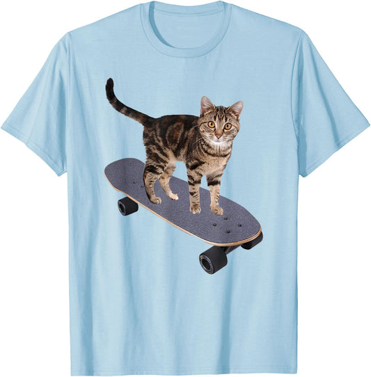 Cat on Skateboard Funny Gray Tabby Kitty Women Girls Kids T-Shirt - T-Shirt | Light Blue