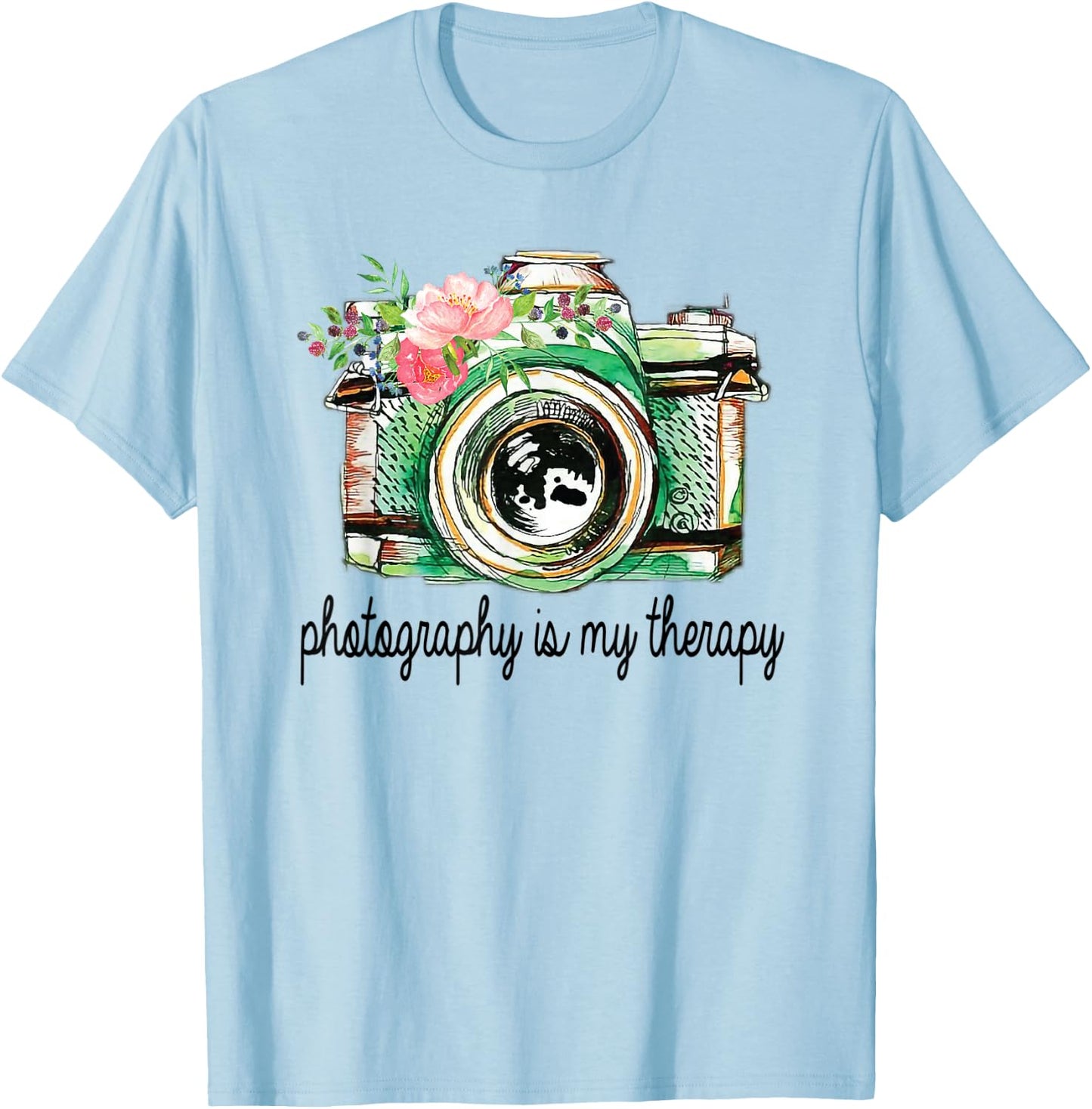Photography Is My Therapy Vintage Camera With Flowers T-Shirt - T-Shirt | Light Blue