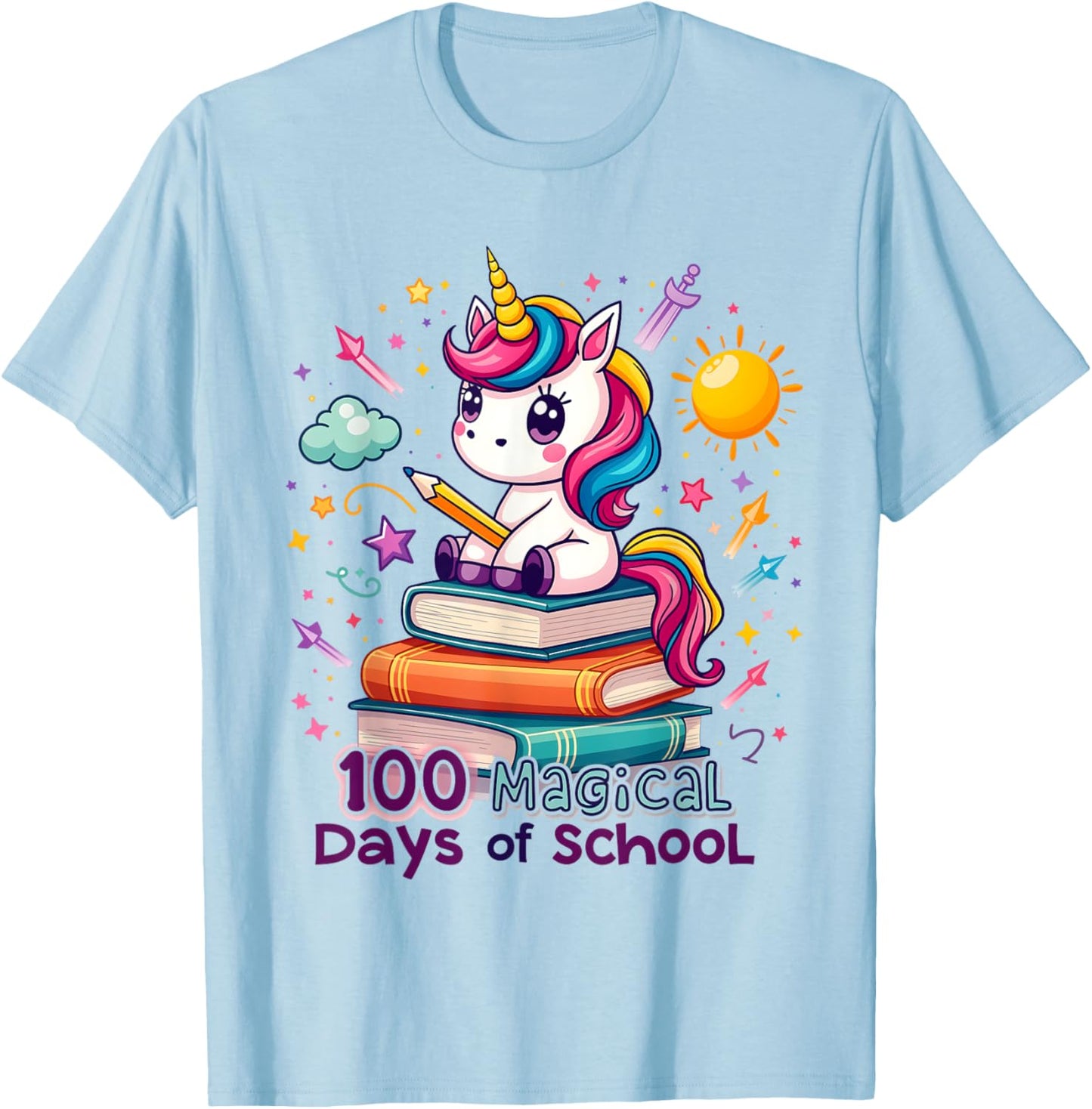 100 Magical Days of School Funny Unicorn Student Teacher T-Shirt - T-Shirt | Light Blue
