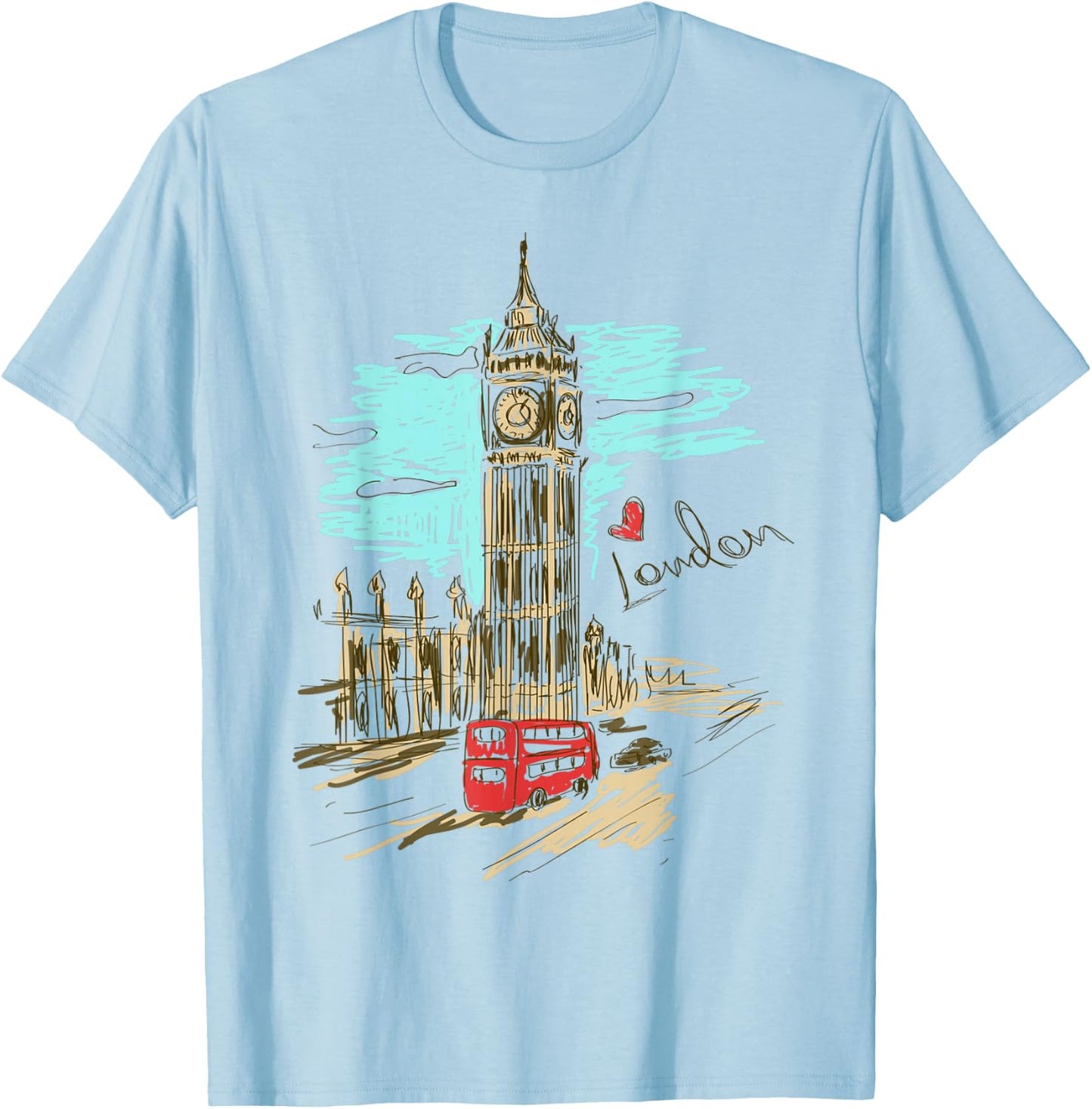 Big Ben Love London Hand Drawn Artwork Graphic T-Shirt - T-Shirt | Light Blue