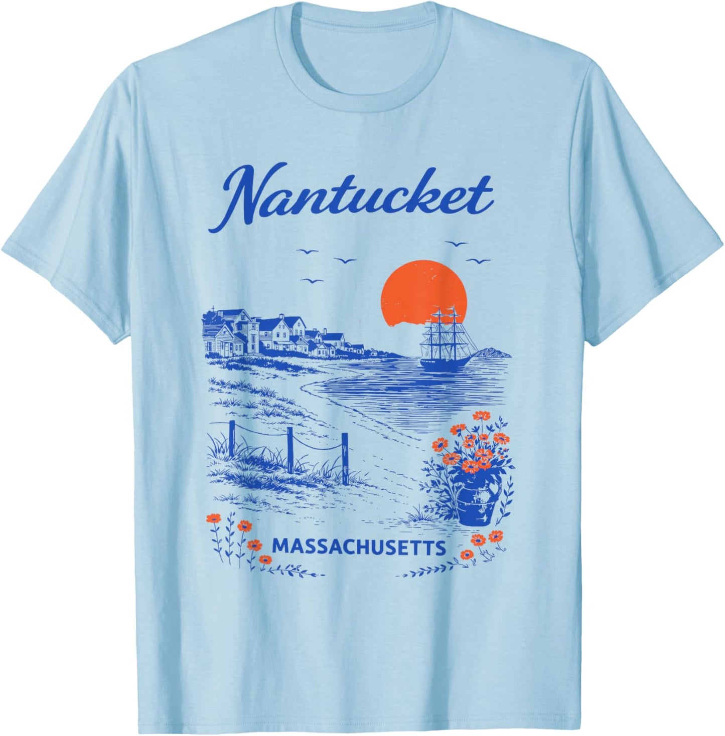 Nantucket Vintage Travel Scenic Illustration T-Shirt - T-Shirt | Light Blue
