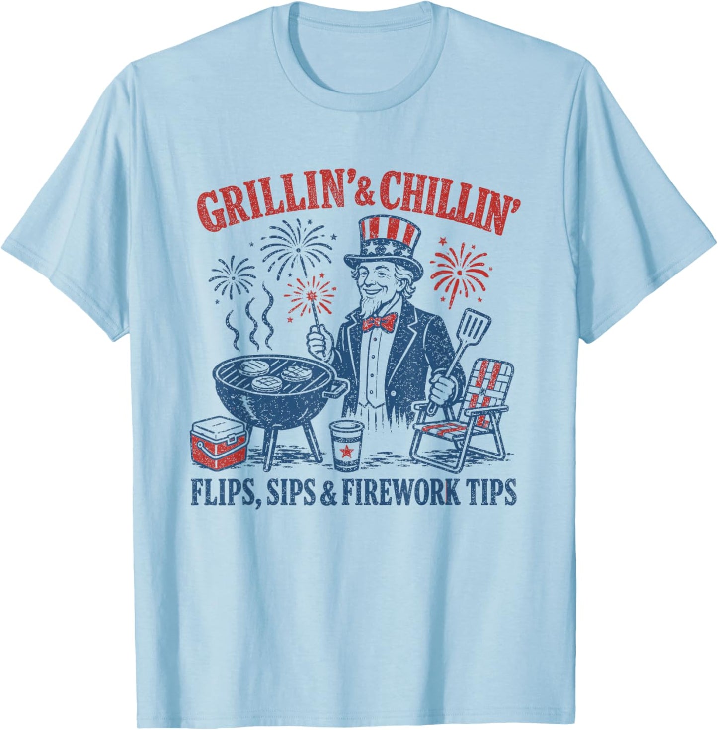 4th of July BBQ Cookout Uncle Sam Grillin and Chillin Chef T-Shirt - T-Shirt | Light Blue