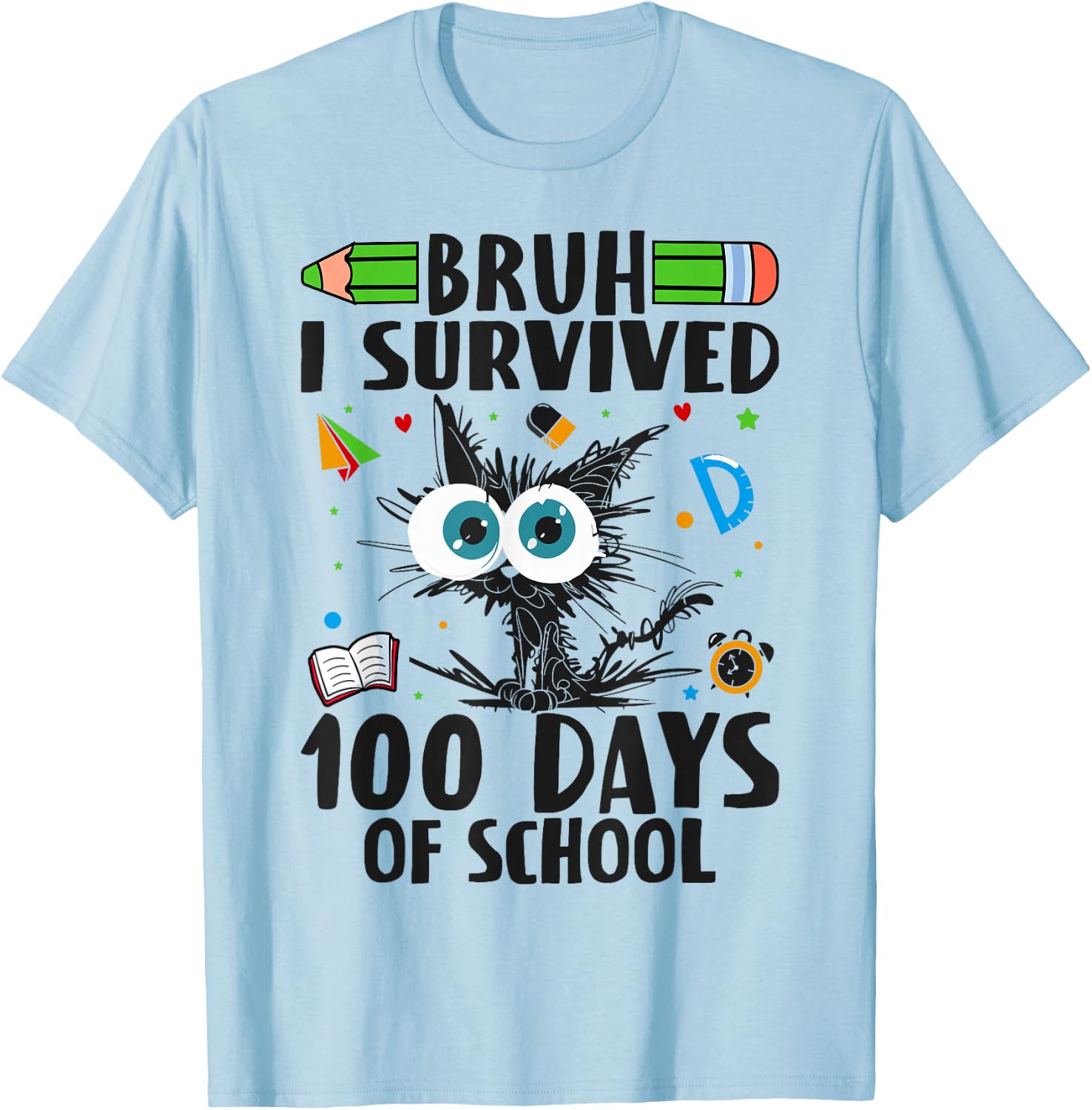 Bruh 100 Days of School Boys Kids Cat 100th Day of School T-Shirt - T-Shirt | Light Blue
