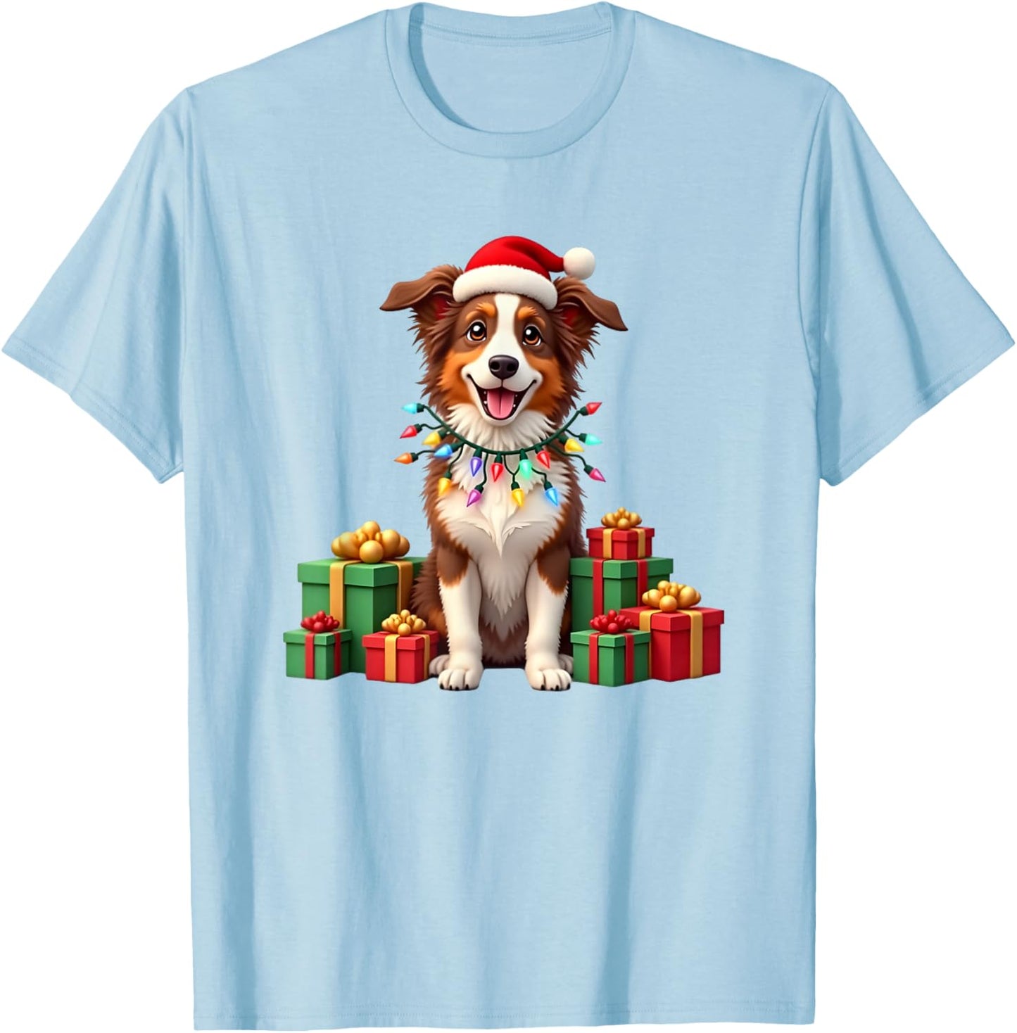 Christmas red and white Border Collie, Santa Hat T-Shirt - T-Shirt | Light Blue