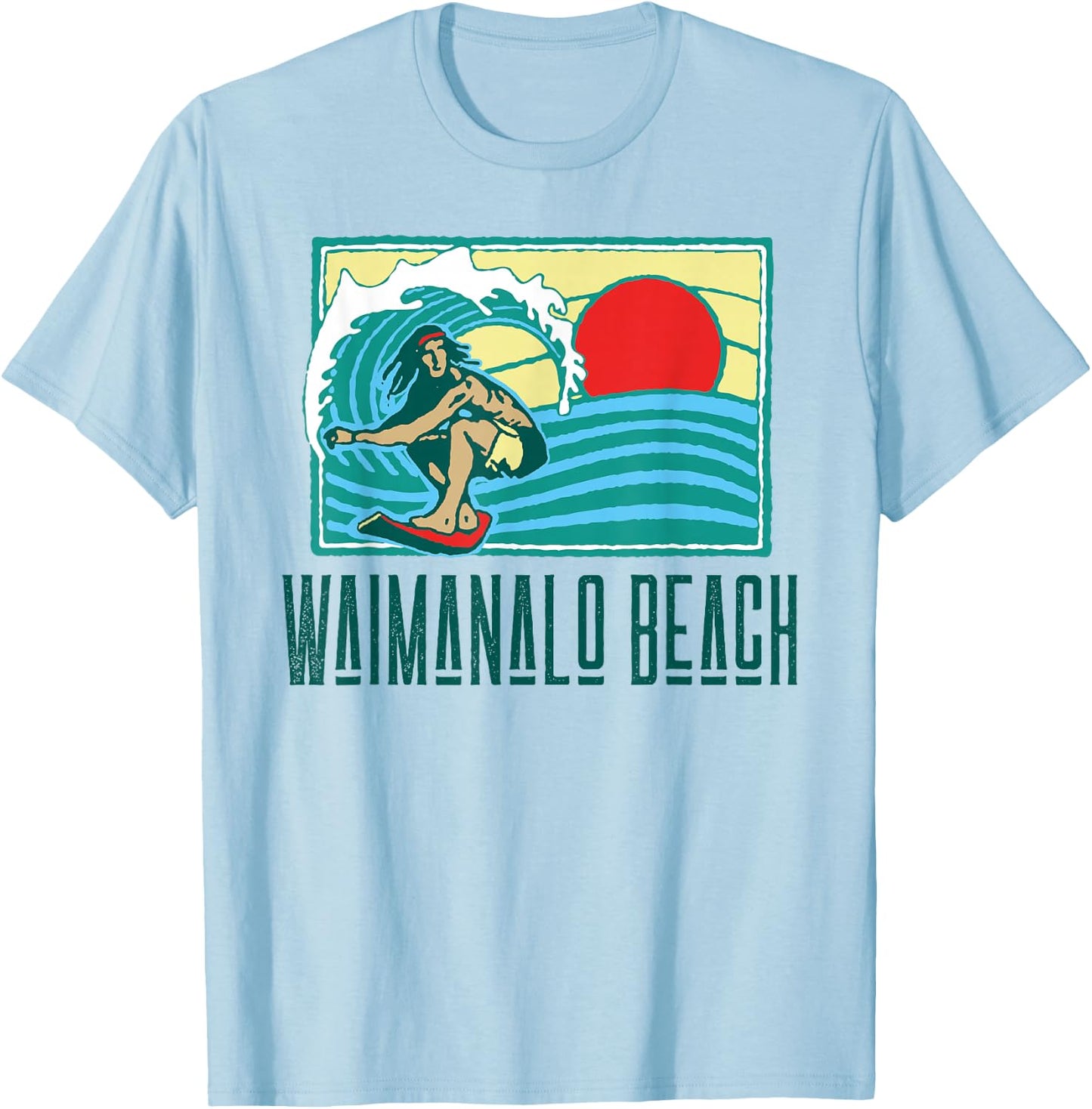Waimanalo Beach Hawaii Vintage Surfer & Wave Retro T-Shirt - T-Shirt | Light Blue