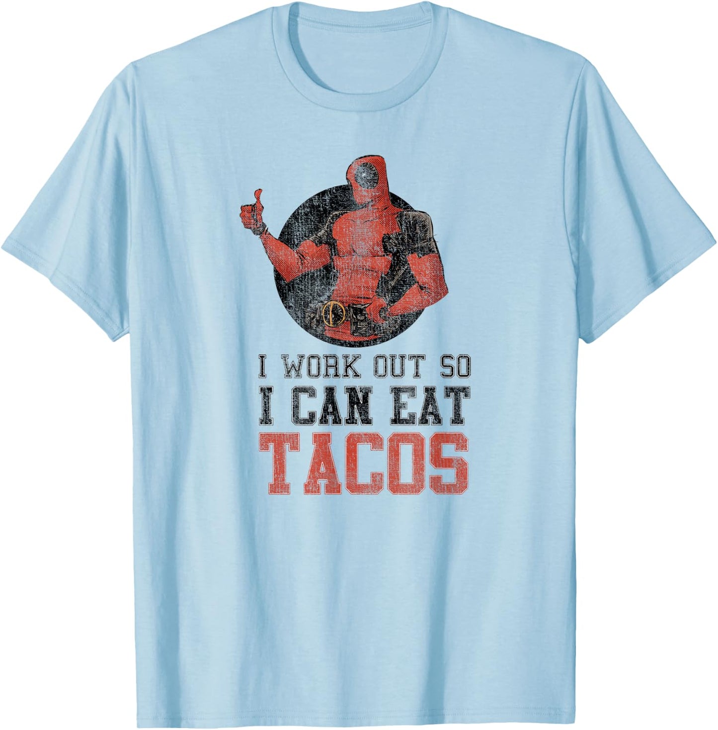 Marvel Deadpool Work Out Eat Tacos Graphic C1 T-Shirt - T-Shirt | Light Blue