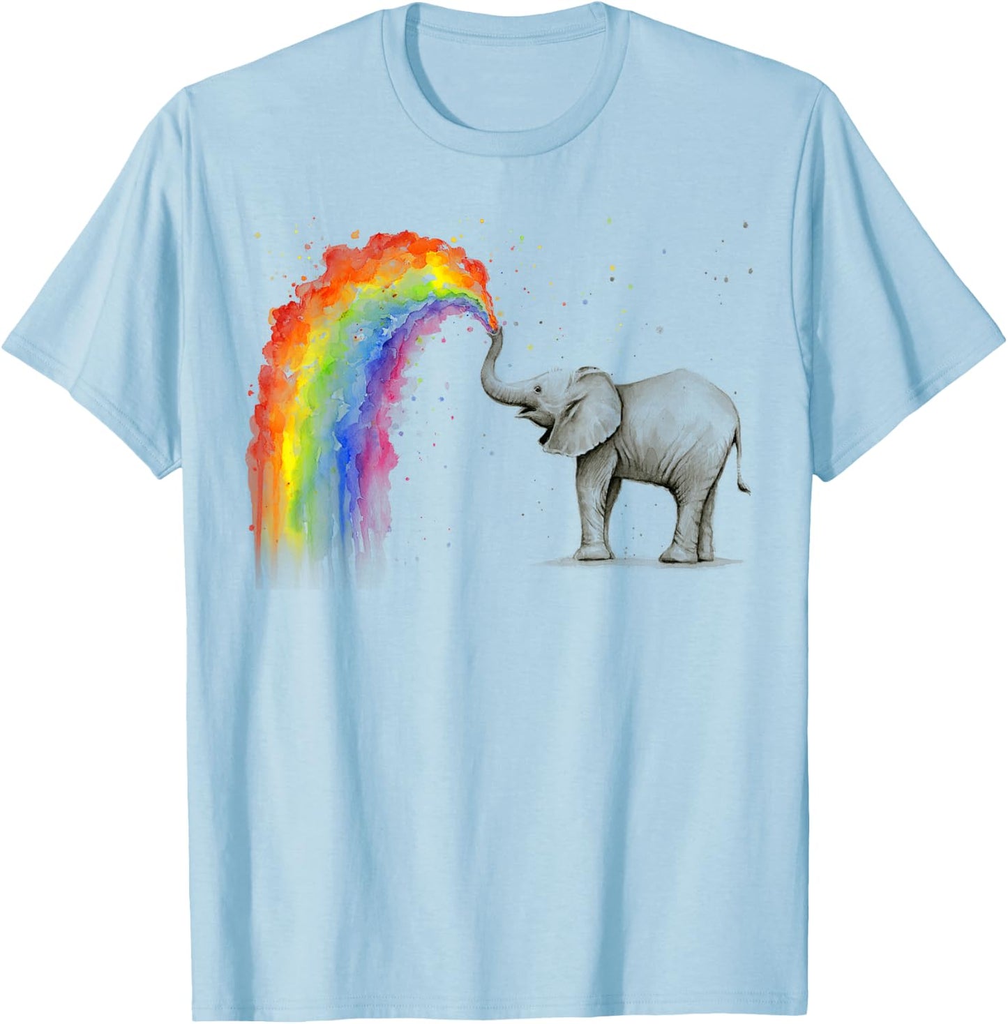 Elephant Spraying Rainbow Baby Elephant Watercolor T-Shirt - T-Shirt | Light Blue