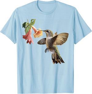 Realistic Hummingbird and Flower Nature Art T-Shirt - T-Shirt | Light Blue