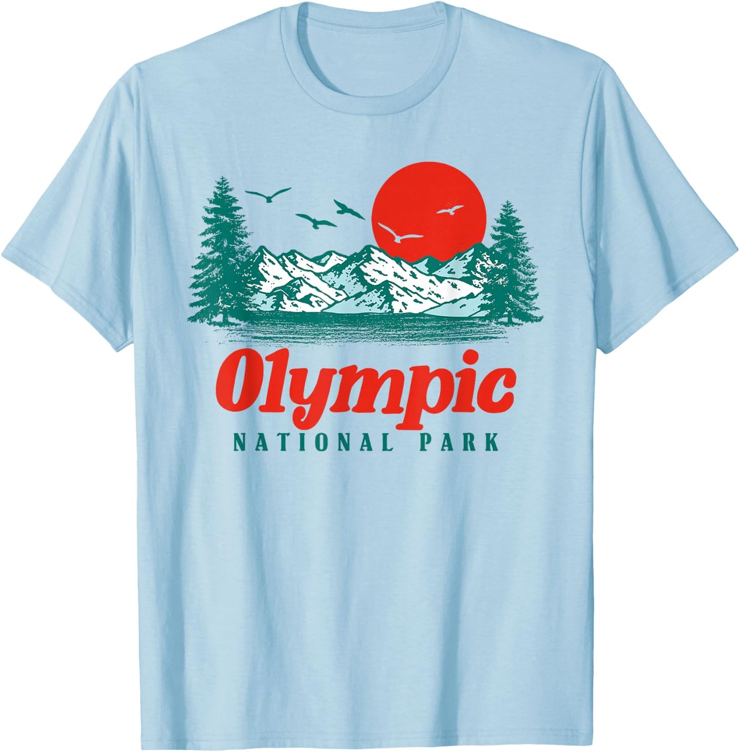 Retro Olympic National Park Mountain Trees & Sun Graphic Small T-Shirt - T-Shirt | Light Blue