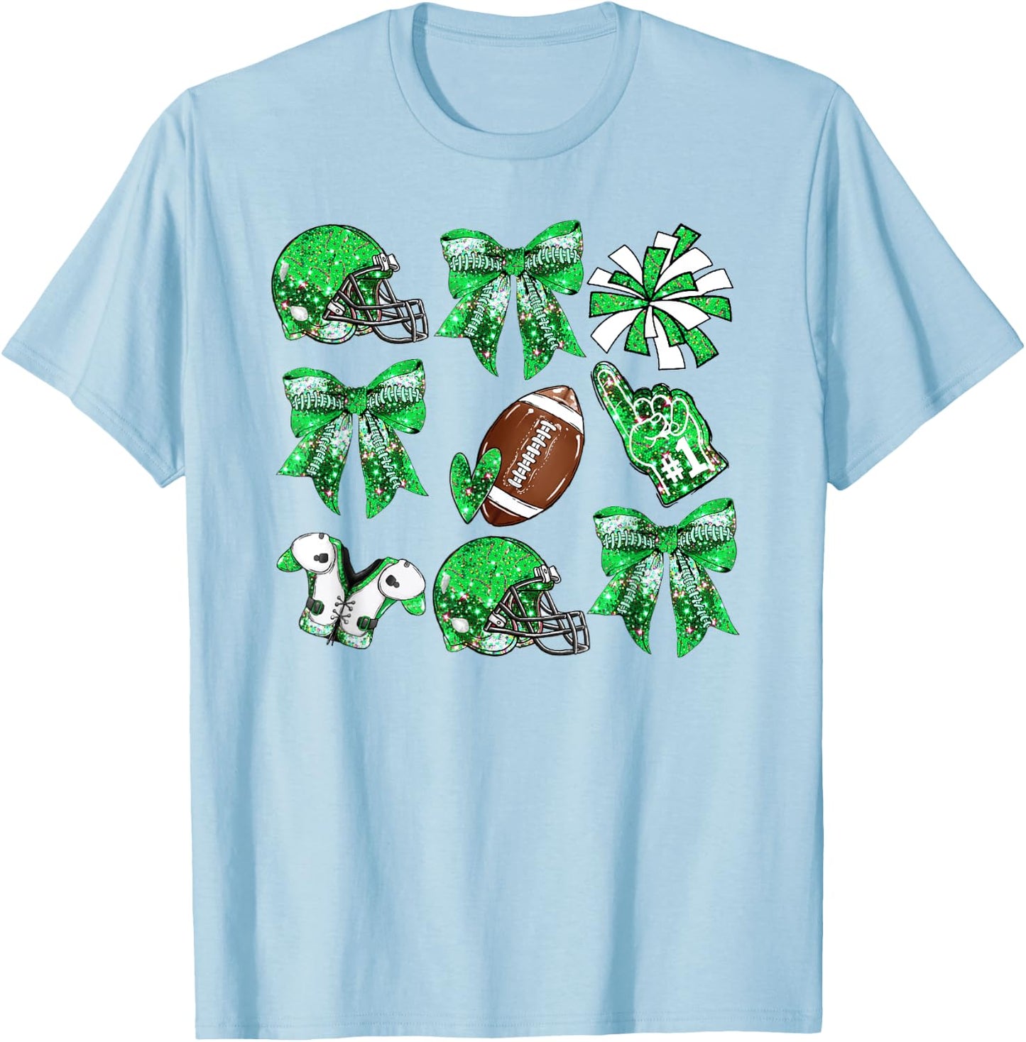 Green Coquette Bow Football Game Day Women Girls Kids T-Shirt - T-Shirt | Light Blue