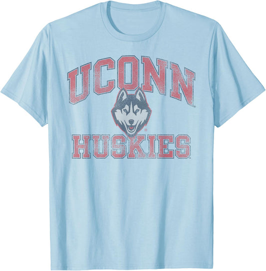 Connecticut Huskies Vintage Worn Gray Officially Licensed T-Shirt - T-Shirt | Light Blue