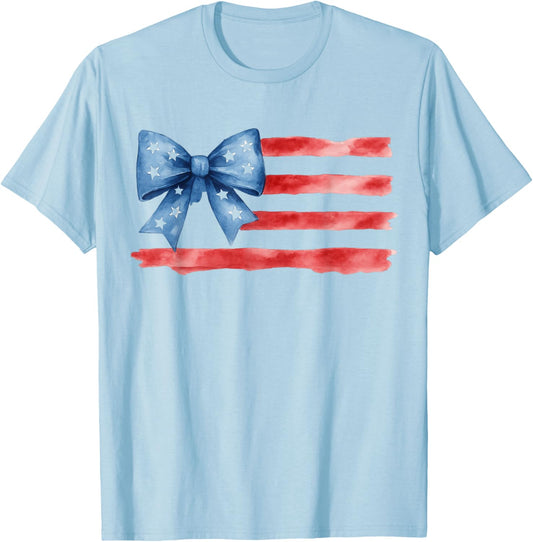 USA Flag Bow 4th of July Watercolor Floral American Pride T-Shirt - T-Shirt | Light Blue
